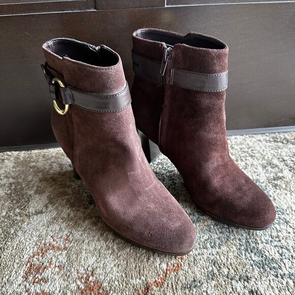 Ralph Lauren Suede Booties Myla Boots Harness Ankle Strap Dark Brown 7 Western - Picture 1 of 16